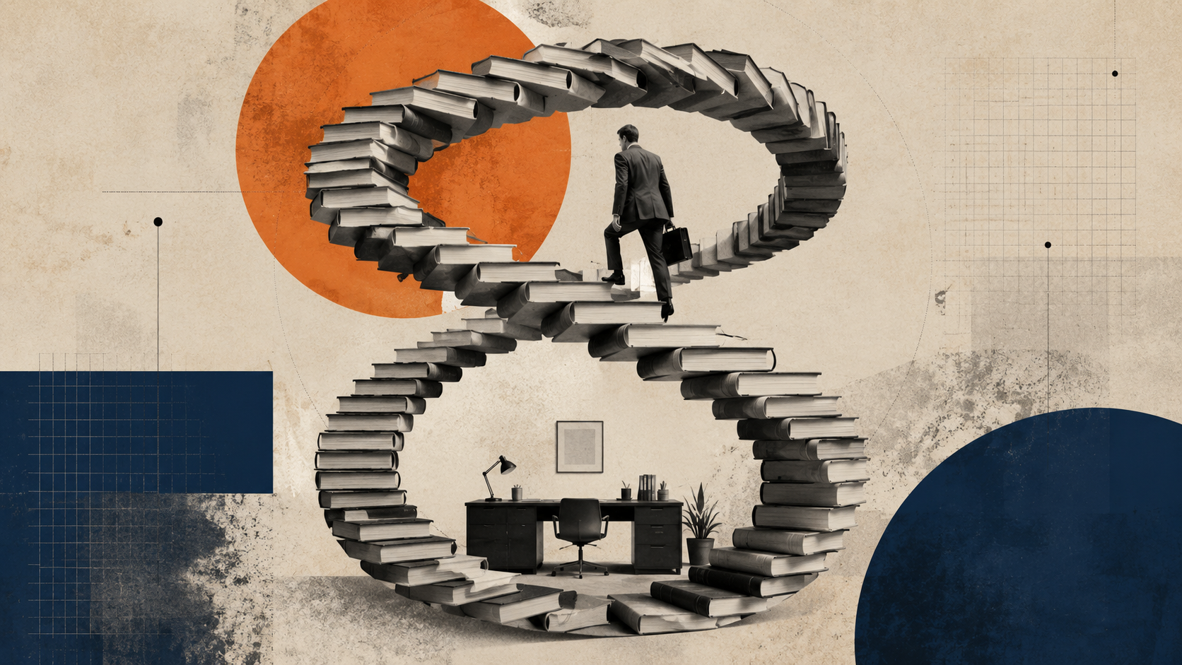 Conceptual image of a person finding a path outside the 9-to-5 routine, leaving a traditional corporate building to breathe in an open space
