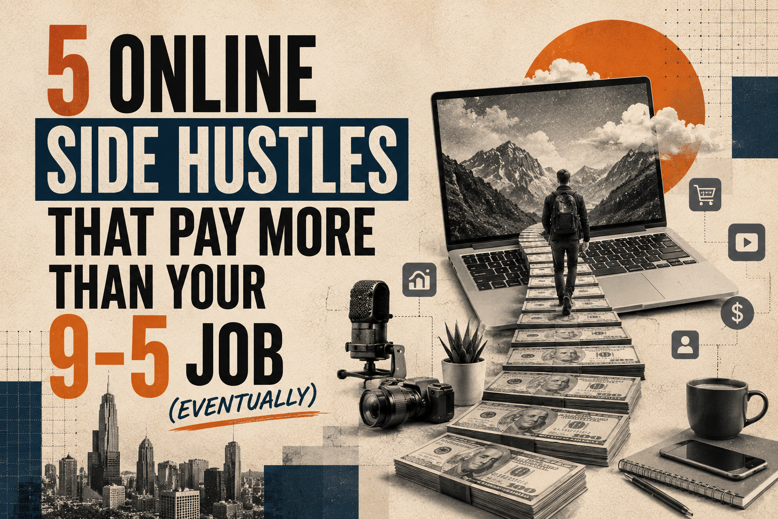 A minimalist collage illustration featuring a man walking up a staircase made of books toward a laptop, showcasing financial freedom and online side hustles beyond a 9-to-5 job.