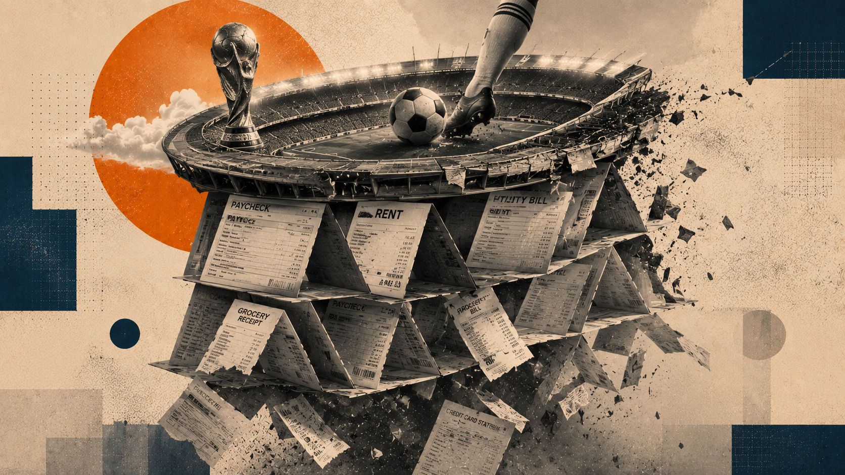 A conceptual image connecting a World Cup stadium with financial risk and the breakdown of a traditional stable job.