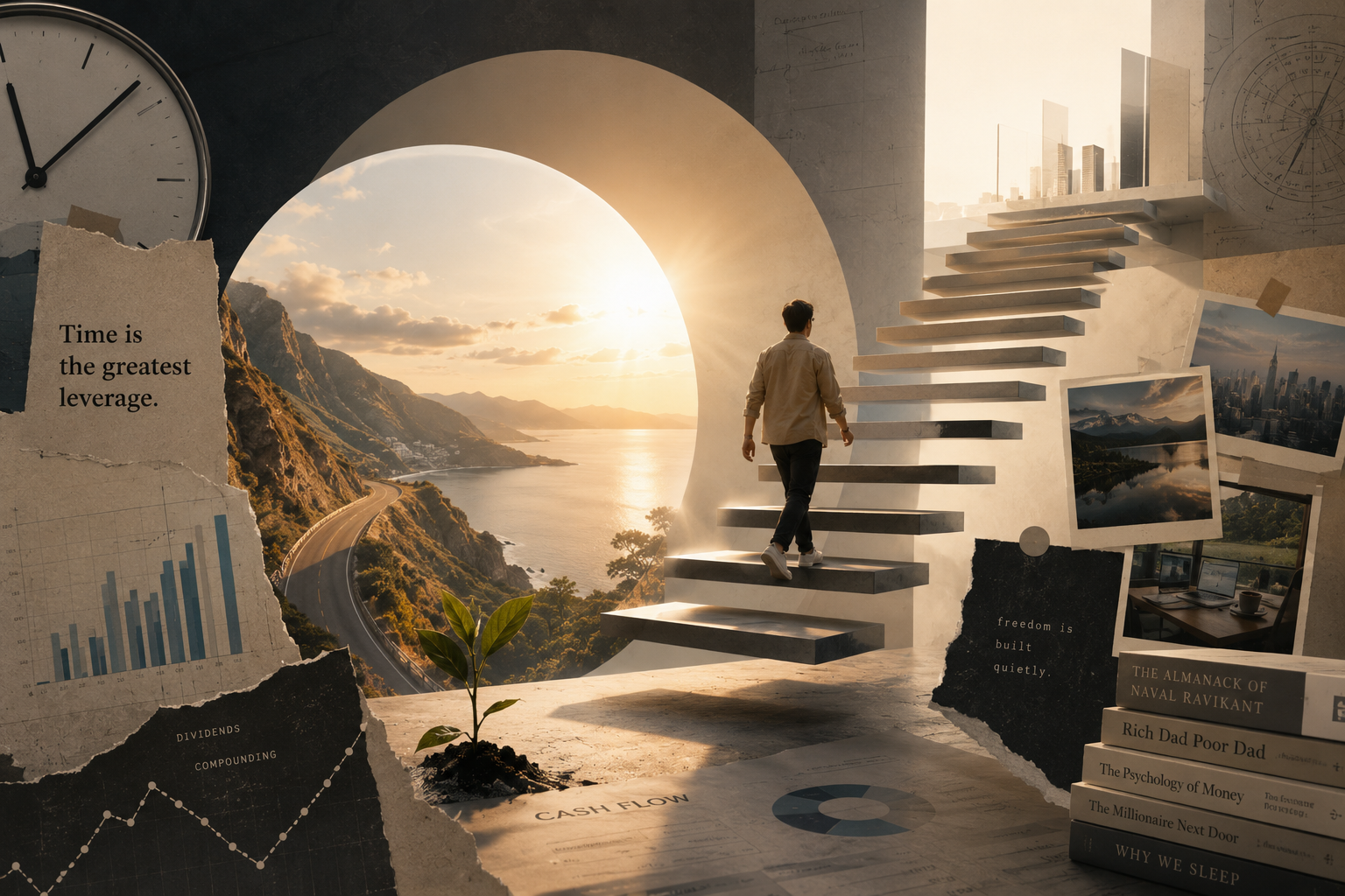 A conceptual illustration of a professional stepping up towards a financial exit strategy through accumulating stocks over a 10-year timeline.