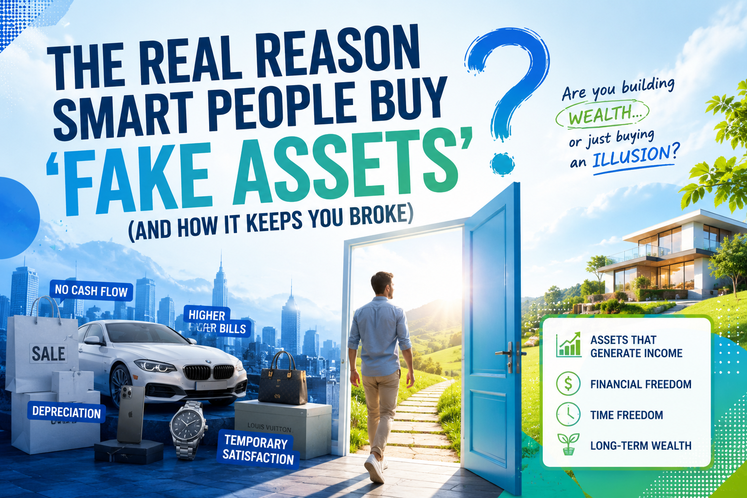 A conceptual thumbnail image exploring the difference between real assets and fake assets, featuring a bold title overlay on a professional visual backdrop.