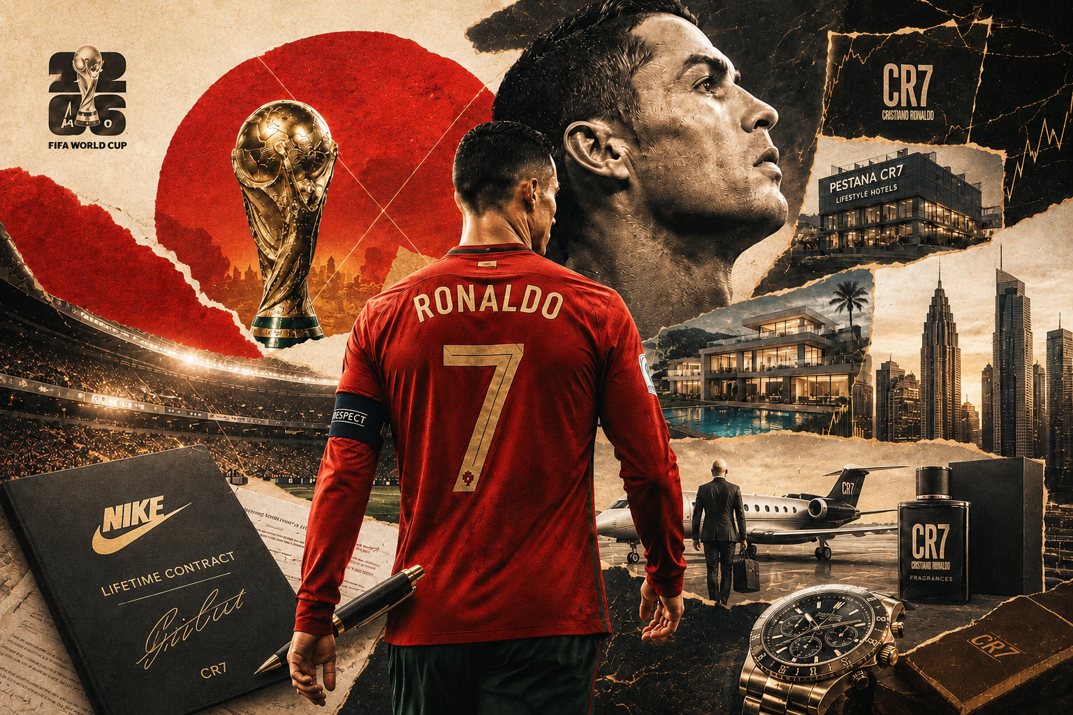 An artistic montage showing Cristiano Ronaldo's dual legacy. He is shown on the left as a footballer in a Portugal kit with a World Cup trophy. The right side features a city skyline, a private jet, and icons from his business brands (watches, perfume), labeled "CR7," "BUSINESS," and "ENTREPRENEUR.