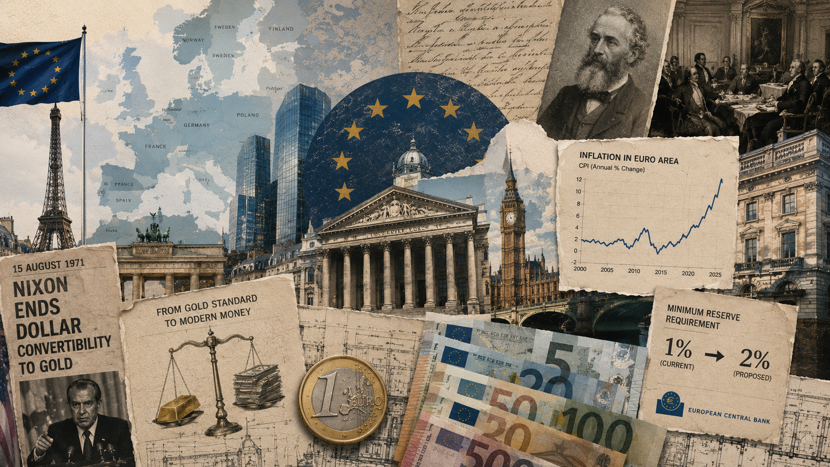 The Comfort Zone Tax concept collage featuring Euro banknotes, financial graphs, and European architecture illustrating inflation and wealth liquidation.