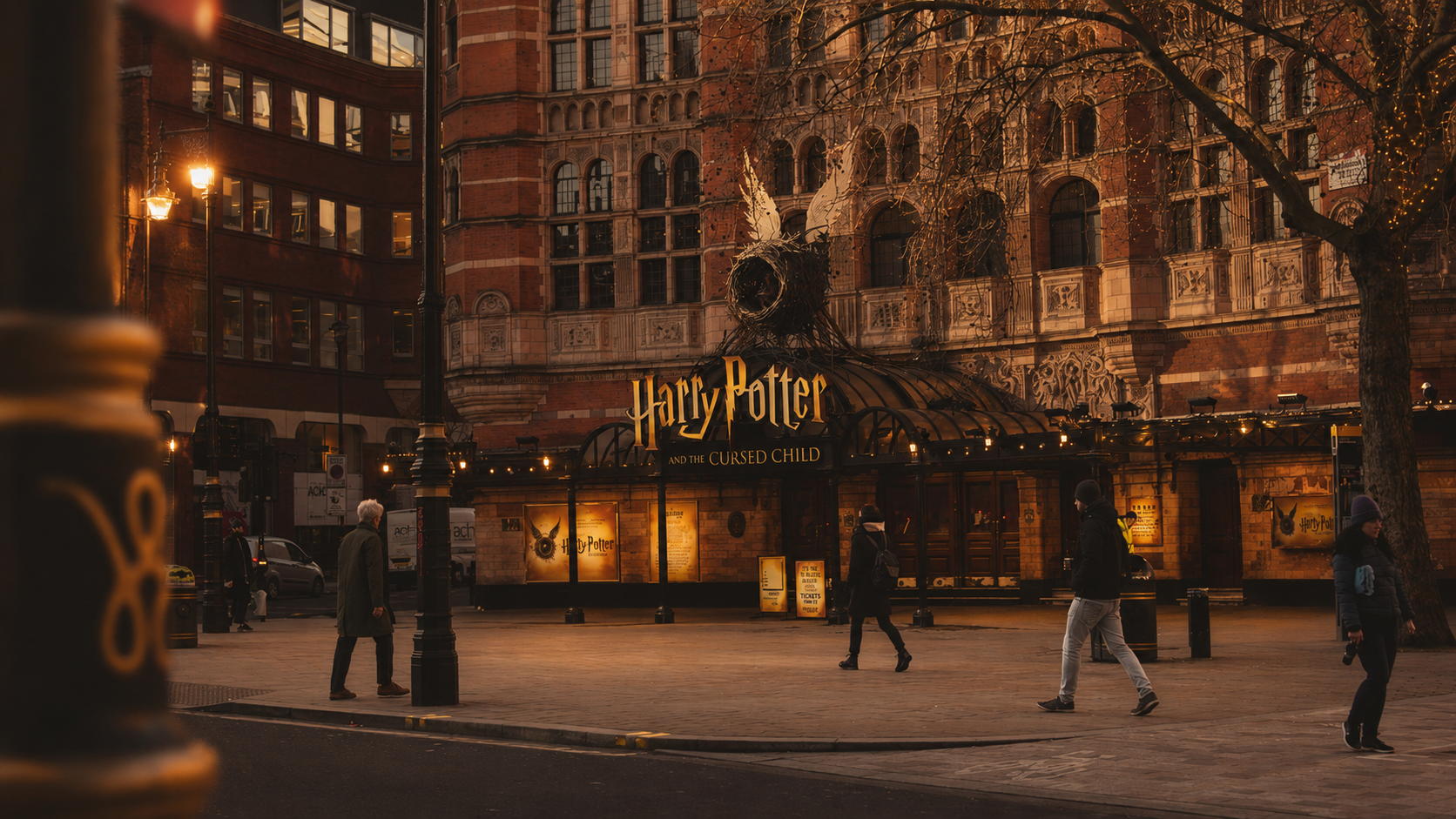 Palace Theatre in London displaying the illuminated Harry Potter and the Cursed Child marquee, showcasing J.K. Rowling’s expanding media franchise.