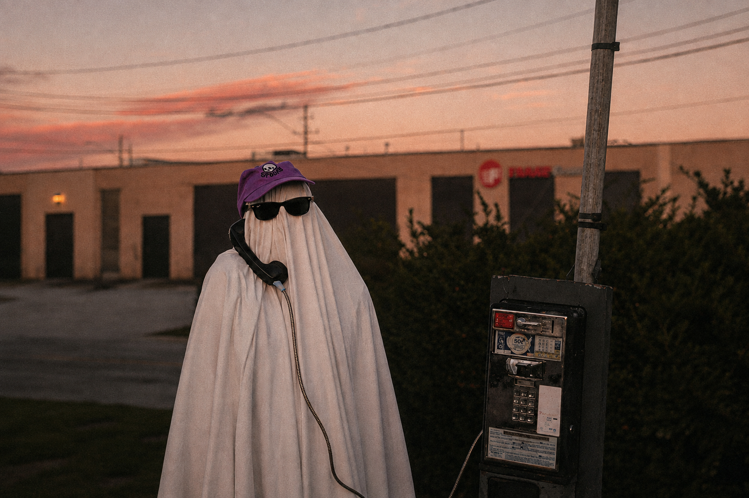 A person wearing a ghost sheet costume with sunglasses talking on a payphone outdoors at sunset, representing ghost jobs.