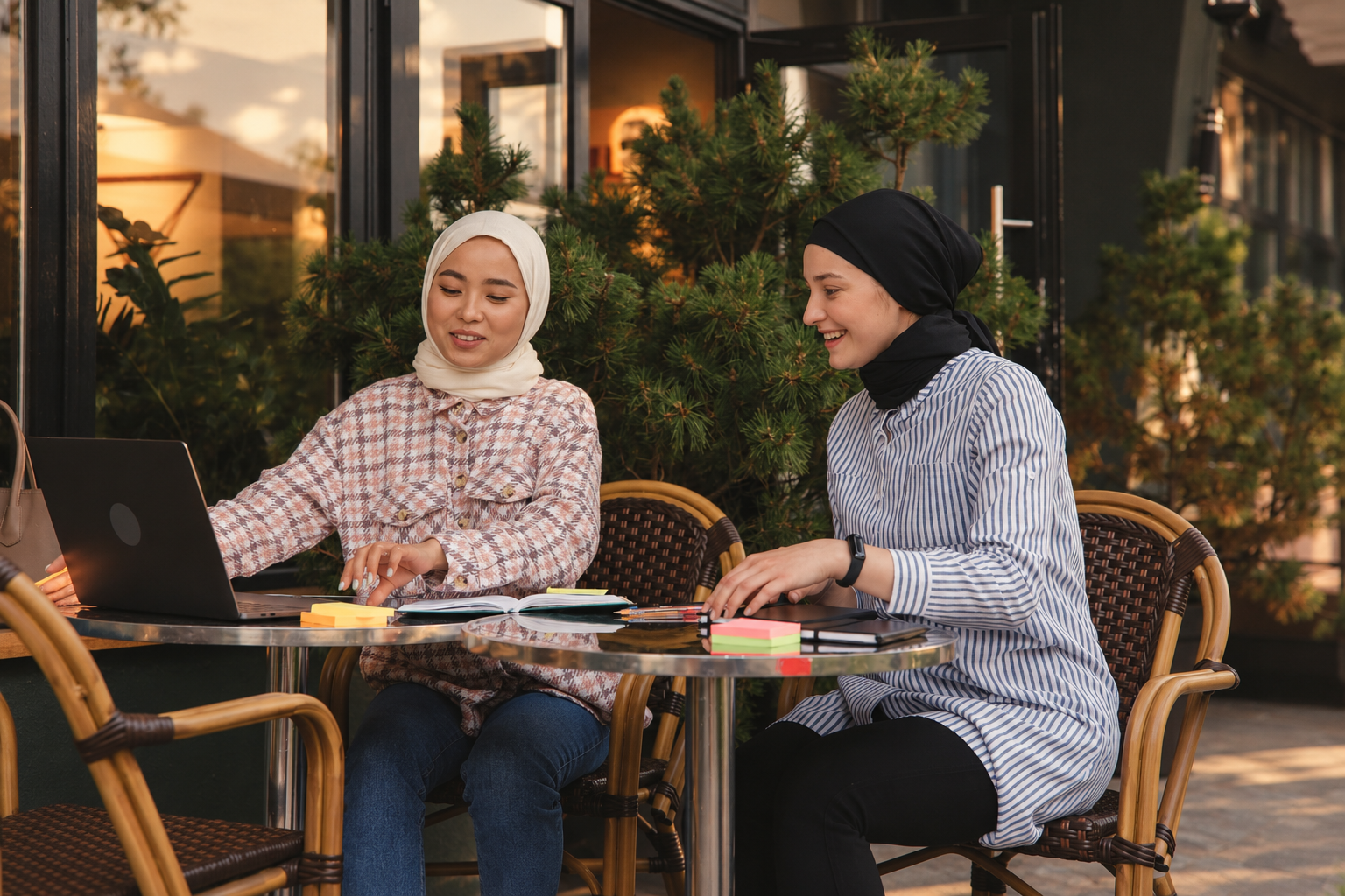 Two Muslim women discussing halal investing strategies and TFSA options on a laptop outdoors.