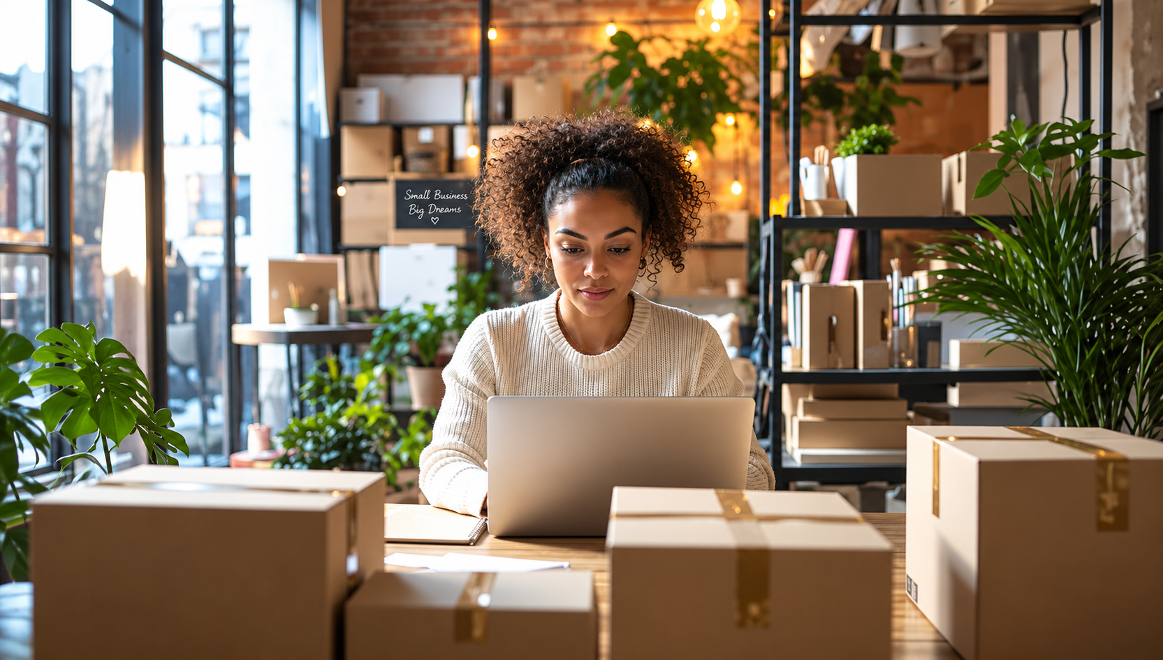 Young woman sitting at a desk working on a laptop surrounded by cardboard shipping boxes in a cozy small business studio.